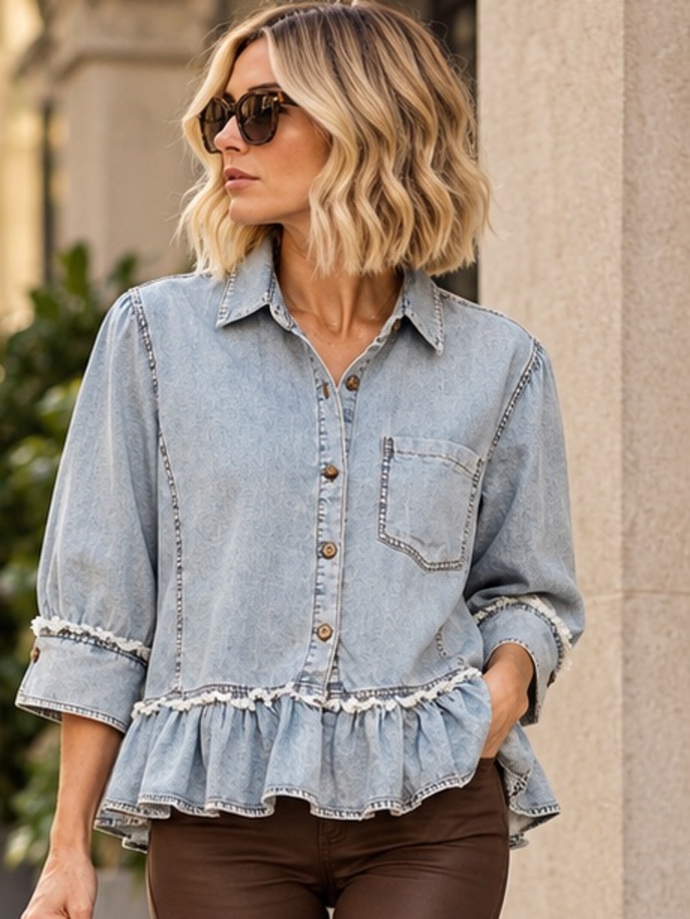NWT | Sewn+Seen | Denim Look Ruffled Hem Button Down Top | Size Small